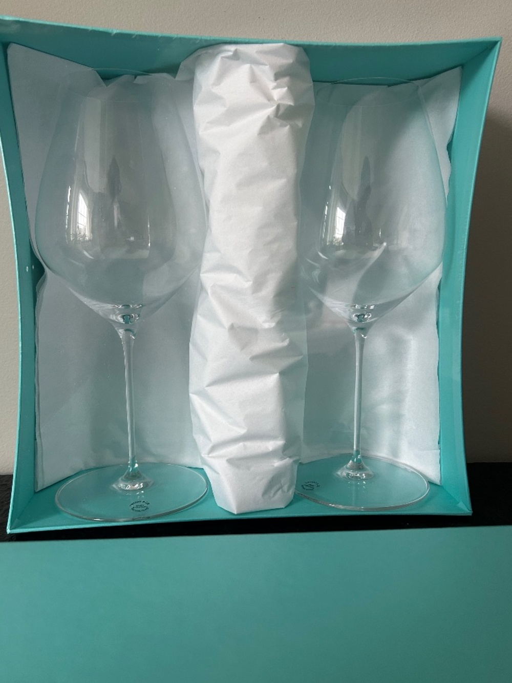 Set of 2 Brand new, Sealed in Box Tiffany & Co. Long Stemmed Wine Glasses,